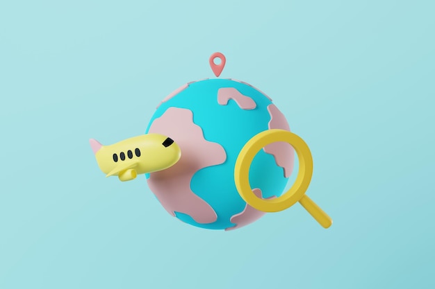Magnifier on the globe yellow plane on blue background Finding a place for travel vacation concept 3d rendering