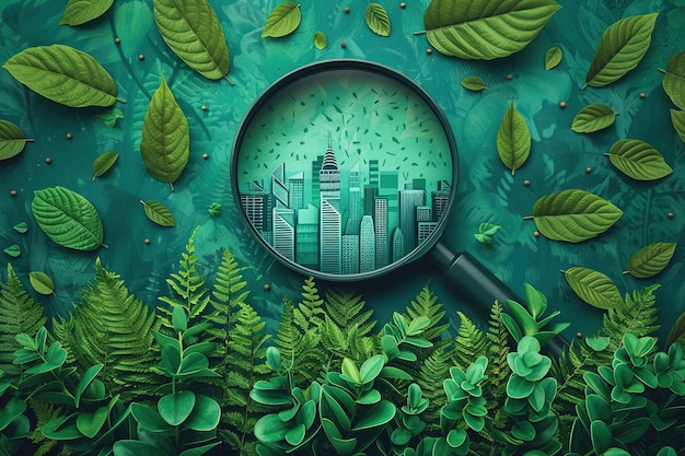 Photo magnifier and green leaves urban architecture