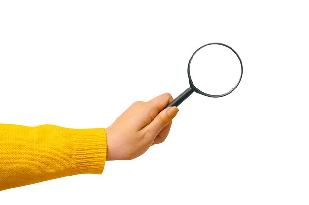 Magnifier in hand isolated on white background