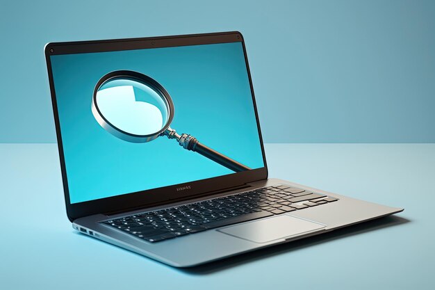 Magnifier on laptop screen blue background AI digital illustration