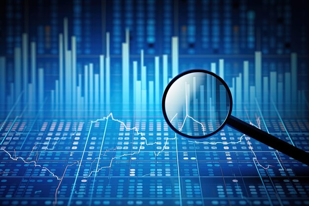 Magnifying glass analyzing bar charts on blue background Data graphics AI