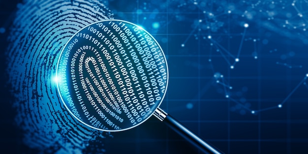 Magnifying glass and Biometric authentication technology with binary code Fingerprint technology