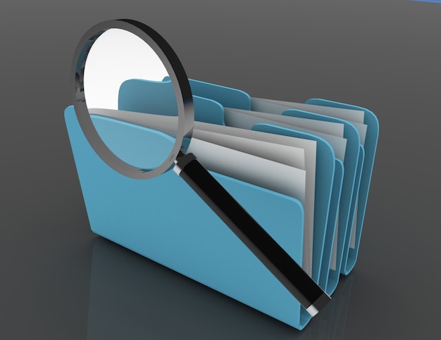 Photo magnifying glass over the blue folders. files investigation.