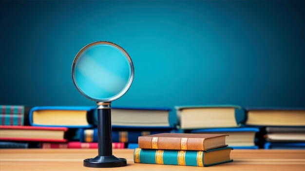 Photo magnifying glass and books on table education concept