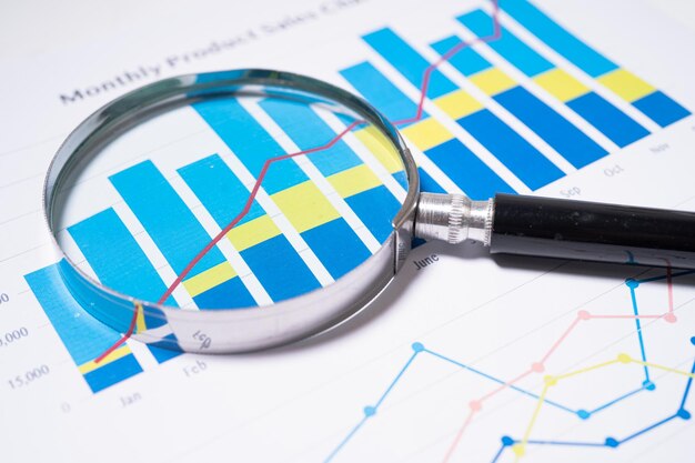 Photo magnifying glass on charts graphs paper