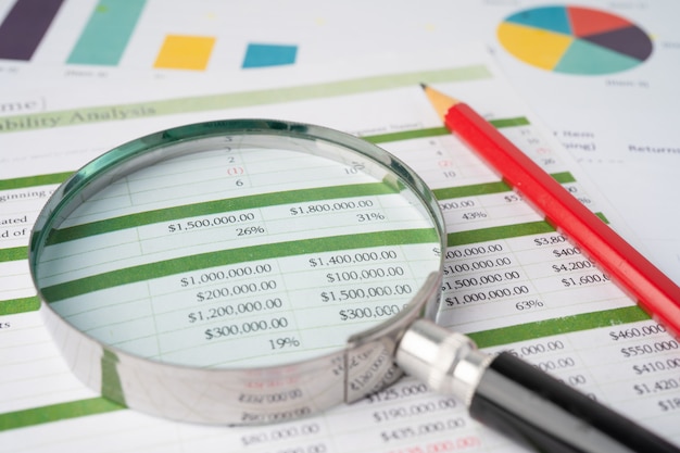 Magnifying glass on charts graphs paper.