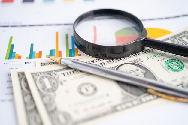 Magnifying glass on charts graphs paper