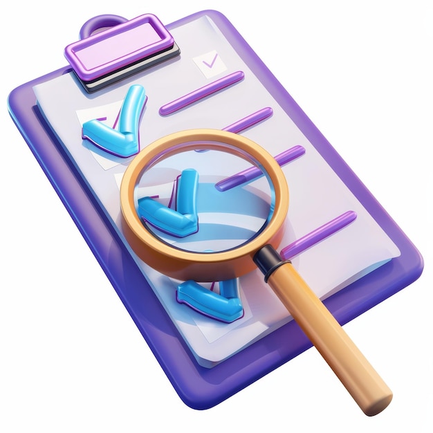 Photo a magnifying glass and a checklist on clipboard paper symbolizing successfully completed business assignments 3d modern illustration