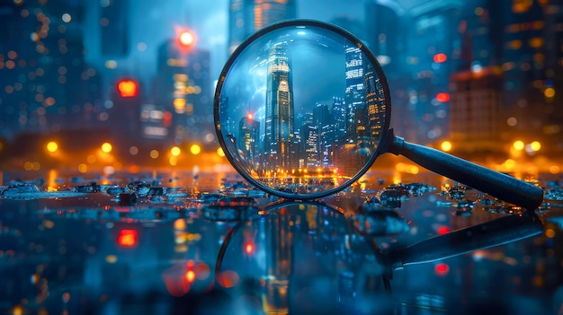 magnifying glass and city at night magnifying glass and urban view