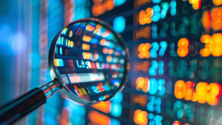 Photo magnifying glass over colorful stock market data