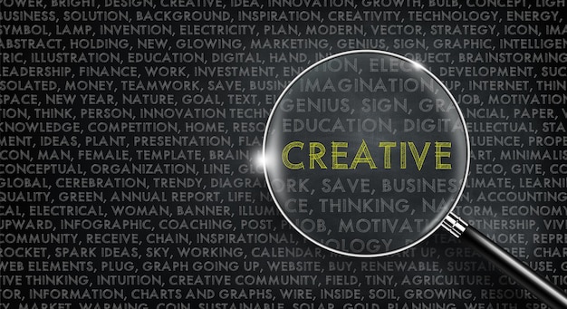 Magnifying glass on Creative word Word cloud and Creative word in color on chalk board