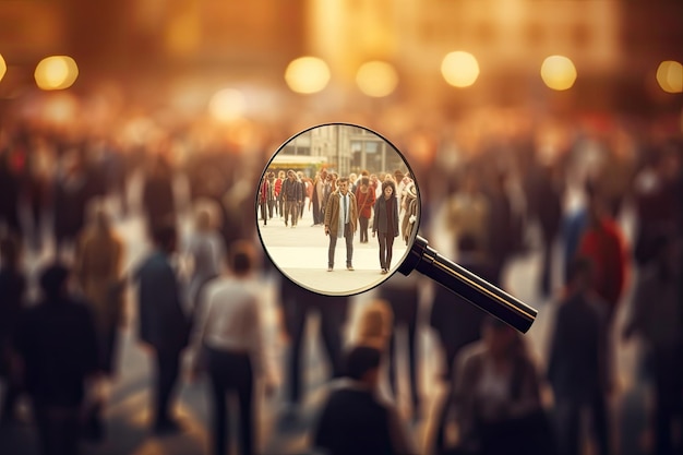 magnifying glass on crowd of people in the city at night Magnifying glass over crowd of people Business and teamwork concept AI Generated