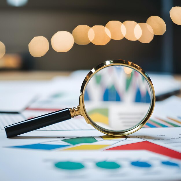 Photo magnifying glass on desk with colorful charts blurred background with golden bokeh lights for socia