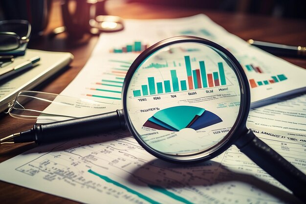 Photo magnifying glass and documents with analytics data lying on tableselective focus