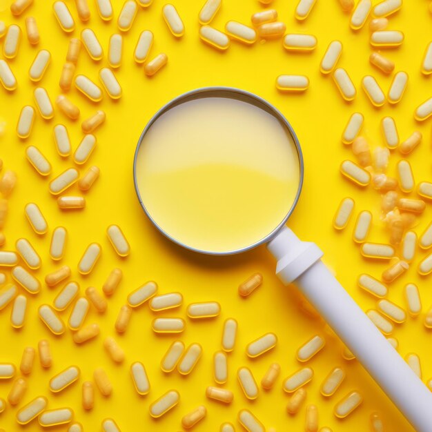 A magnifying glass filled with yellow pills Medical