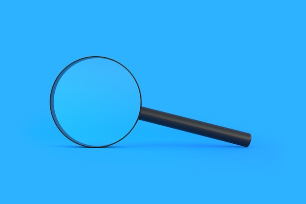 Photo magnifying glass flies soars over blue background search find and discover concept 3d render