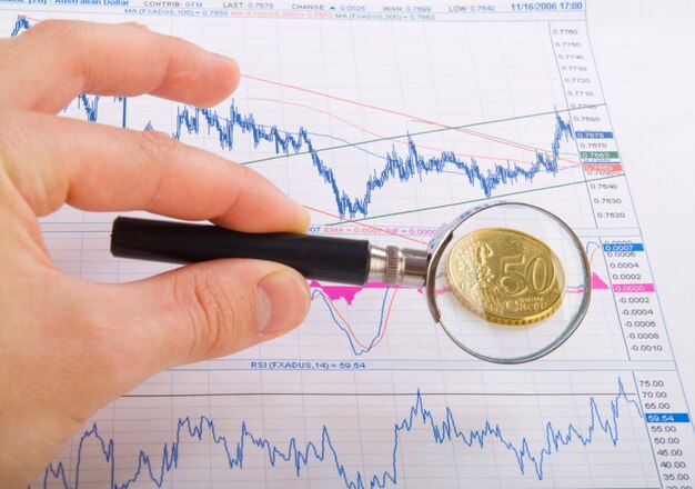 magnifying glass in hand and euro coin on business charts