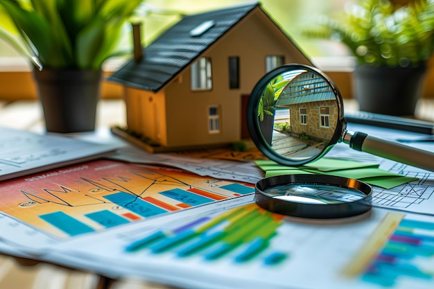 A magnifying glass and a house model on a table