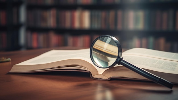 A magnifying glass is on a book on a table in front of a bookshelf.