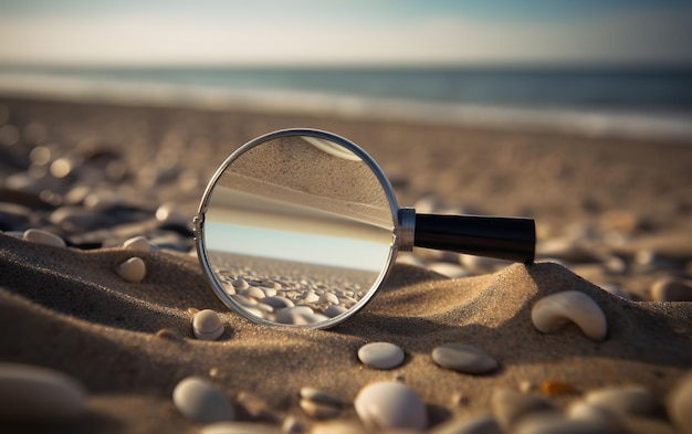 A magnifying glass is laying on the sand with a beach and the sea in the background.