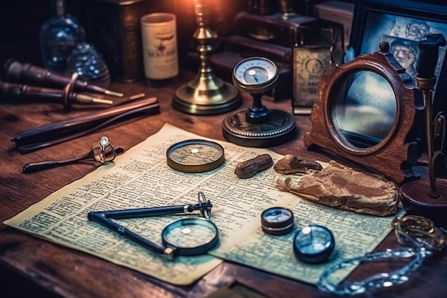 A magnifying glass is on a table next to a magnifying glass