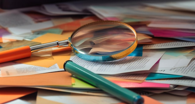 Photo a magnifying glass is on top of a pile of papers