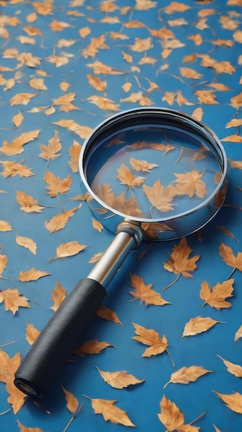 Magnifying glass isolated on blue abstract pattern of many objects