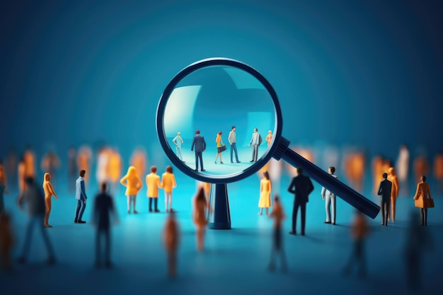 Magnifying glass looking for people on blue background Searching candidates for employment in the labor market