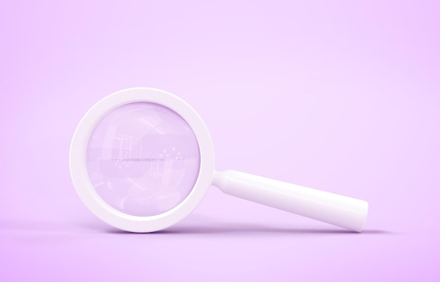 Magnifying glass loupe with clear lens isolated on pastel pink background White plastic magnifier with reflection optical zoom tool for document scrutiny Minimal design 3d render illustration