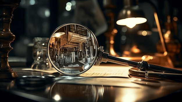 magnifying glass magnifies metal bottle in laboratory