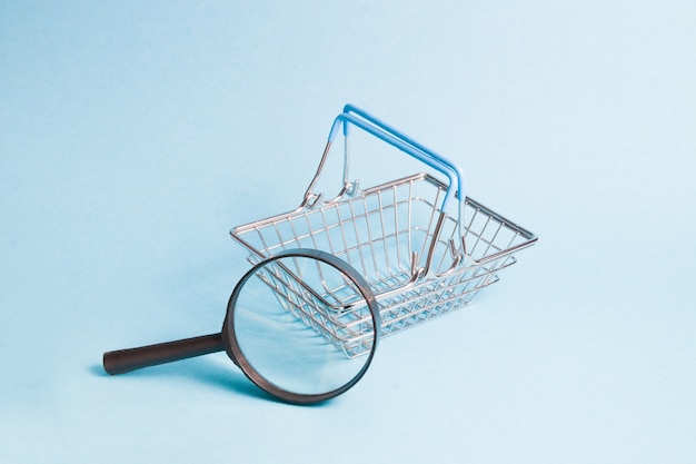 magnifying glass and miniature shopping basket