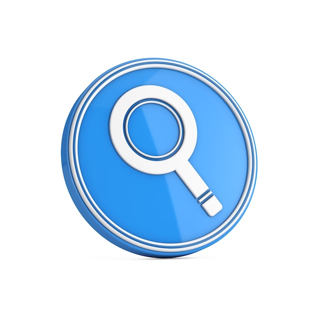 Фото Увеличительное стекло или значок поиска в синей кнопке круга 3d-рендеринга