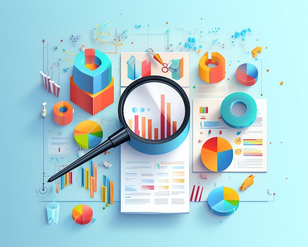 A magnifying glass on a paper with graphs and charts