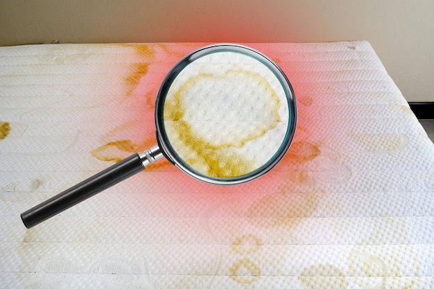 A magnifying glass picture of a child's urine stains on a white mattress cause stains on the mattress
