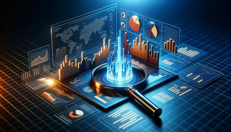 未来的なデジタル インターフェイスの棒グラフ、円グラフ、数字の上に置かれた虫眼鏡