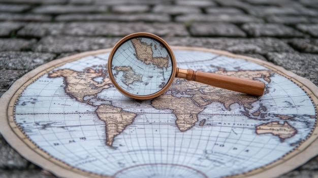 a magnifying glass rests on a world map emphasizing particular regions for exploration and analysis