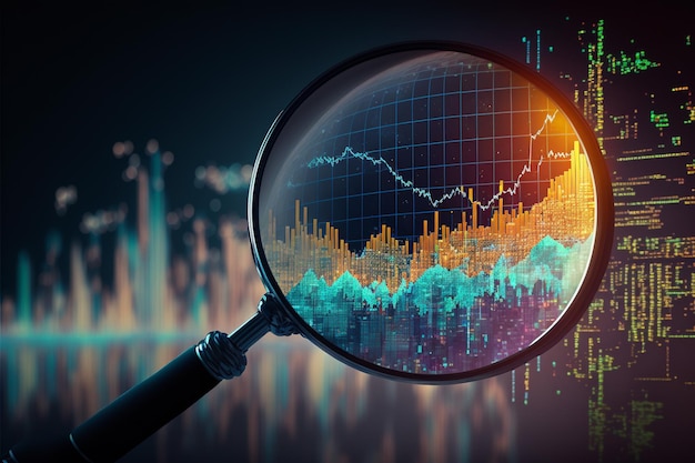 Magnifying glass search of investing and stock market over a graph chart background Generative Ai