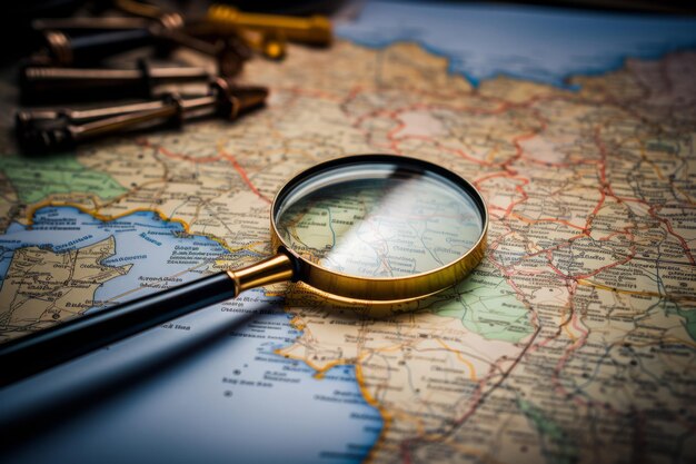 Magnifying glass searching country on map