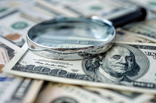 A magnifying glass sitting on top of a pile of money