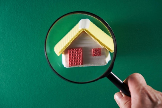 Magnifying glass and small model house against green background