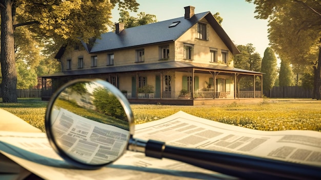 Photo a magnifying glass spreads over an image of a house for sale in a newspaper