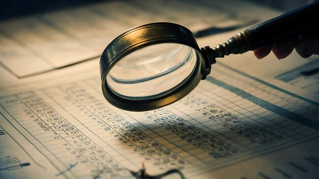 Magnifying glass on spreadsheet table paper