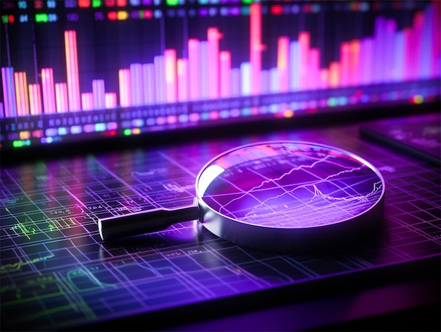 Magnifying glass and stock charts on screen financial and data analysis concept