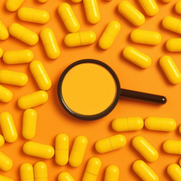 A magnifying glass surrounded by yellow pills