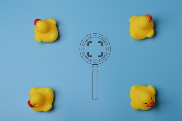 Magnifying glass and toy ducks Hiring and job vacancy concept