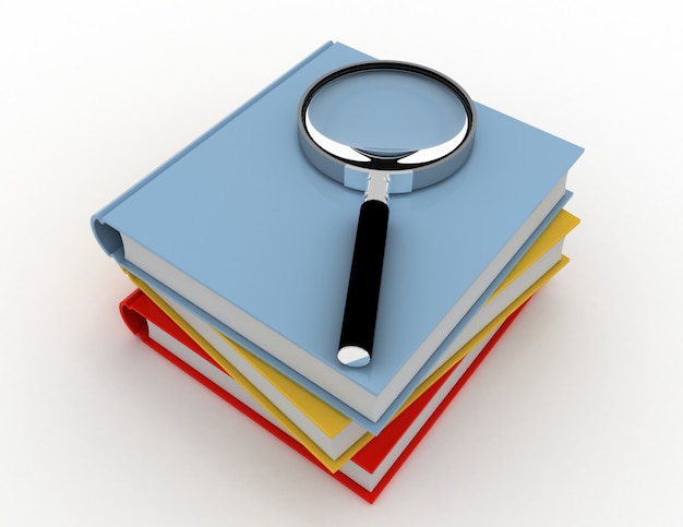 Magnifying glass trying to find the right book . 3d rendered illustration