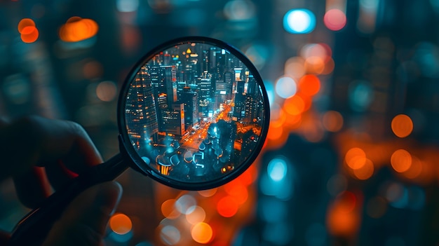 Photo magnifying glass with city background