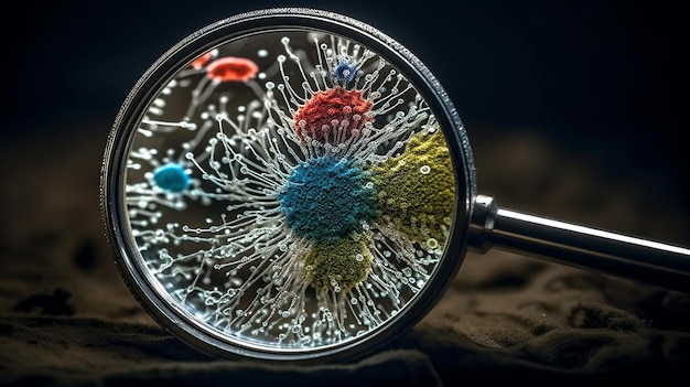 A magnifying glass with close up of a bacteria