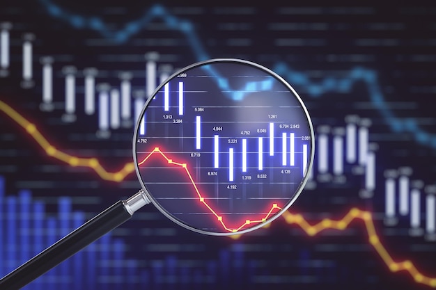 Magnifying glass with economic crisis stock charts