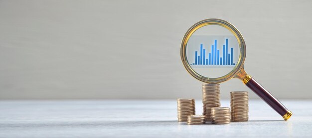 Magnifying glass with graph and coins Business analyzing